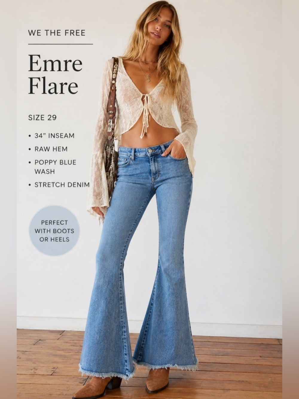 Free People Emre Flare Jeans 29 34” Inseam Boho Raw Hem Tall NWT